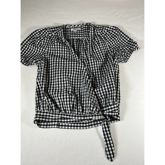 Madewell Tops - Madewell Top Womens Small Black White Checkered Short Sleeve Waist Tie V Neck